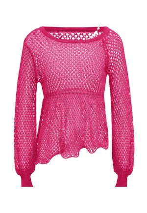 Lyserød åbenstrikket sweater med rund halsudskæring, lange ærmer, flared kant og struktureret mønster. Letvægtsmateriale med ribbede manchetter.