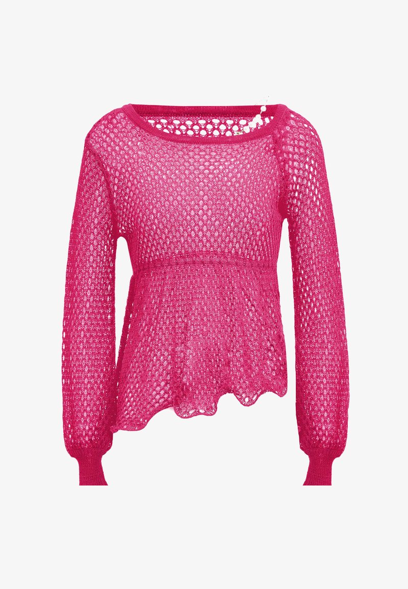 Rosa offen gestrickter Pullover mit rundem Halsausschnitt, langen Ärmeln, ausgestelltem Saum und strukturiertem Muster. Leichtes Material mit gerippten Bündchen.