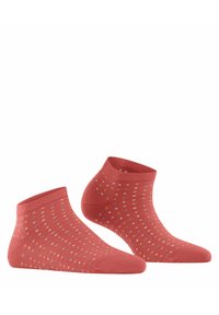 Koralle Knöchel Socken mit einem gerippten Bündchen, das ein gepunktetes Muster in hellblau, gelb und orange aufweist. Weiches, dehnbares Baumwollgemisch.
