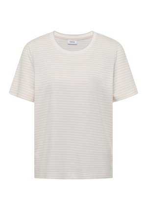 T-shirt crème à manches courtes avec de fines rayures horizontales beiges et un col rond.