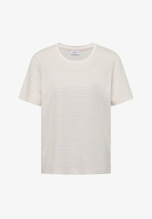 T-shirt crème à manches courtes avec de fines rayures horizontales beiges et un col rond.