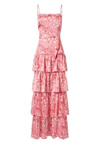 Robe maxi florale en rose et blanc, avec un design à volants en couches, des fines bretelles et un détail de taille à nouer pour un ajustement réglable.