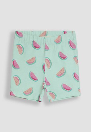 Șorturi de culoare verde mentă cu un model repetitiv de pepeni verzi în nuanțe de roz și verde. Realizate dintr-un material moale și elastic, cu un talie elastică.