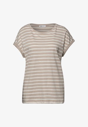 Beige og hvide horisontale stribede T-shirt med korte ærmer, rund halsudskæring og op-rullede ærmekanter.