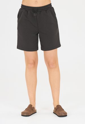 Shorts en mélange de coton noir avec une taille élastique et un cordon de serrage. Longueur mi-cuisse, avec des poches latérales et une texture lisse.