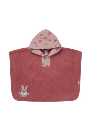 Kapuzentuch-Poncho in Rosafarben mit pinkem Blumenmuster, Knopfverschluss und einem Hasen-Applikation in der unteren Ecke. Weiches Frottee-Material.