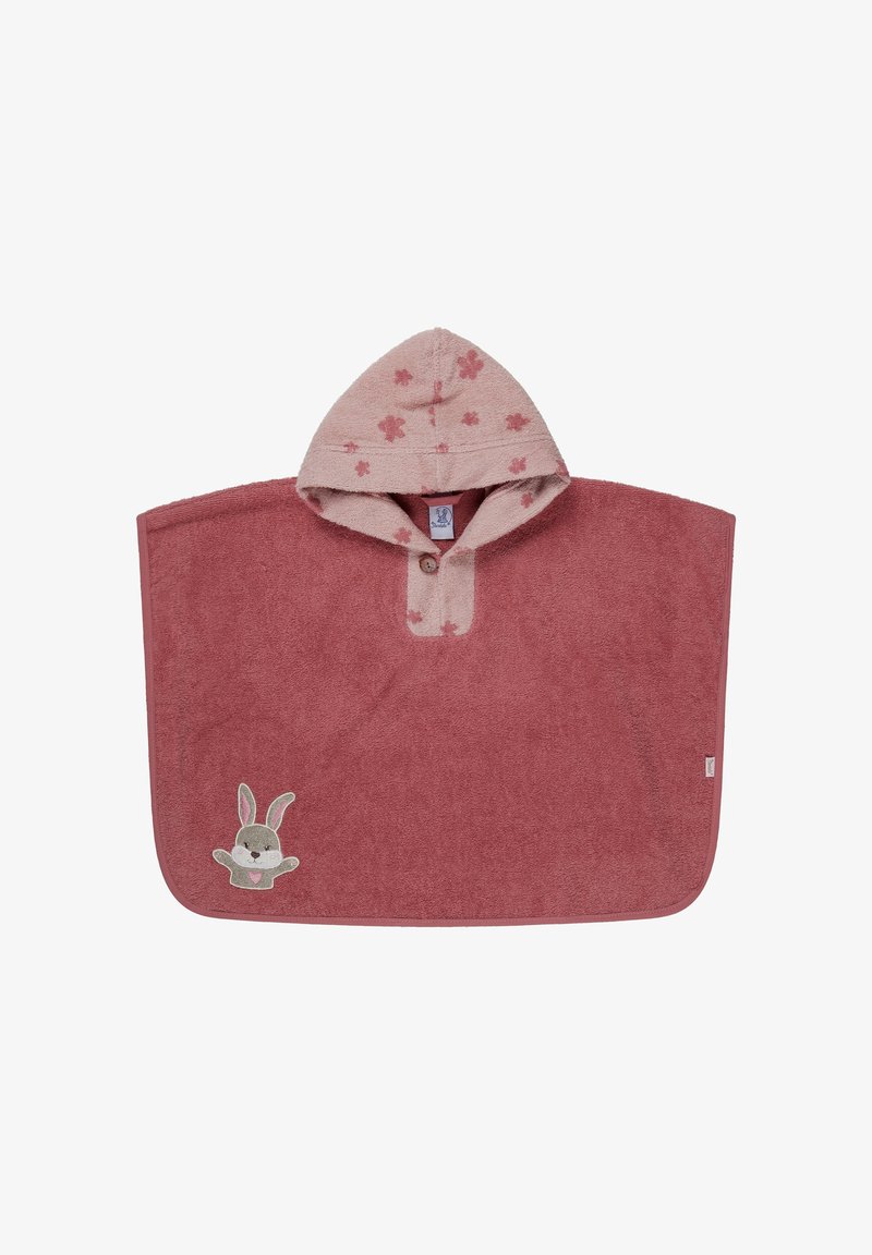 Hooded poncho towel in rose color with pink floral pattern, button closure, and a bunny applique on the lower corner. Soft terrycloth material.