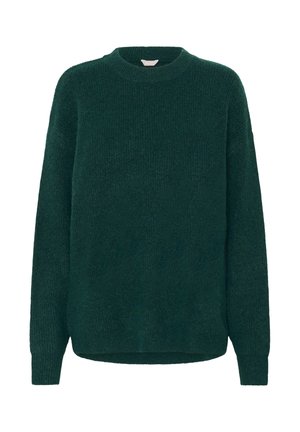 Maglione lavorato a maglia di un verde scuro, dal fit rilassato, con scollatura tonda, maniche lunghe e tessuto testurizzato. Nessun motivo o hardware visibile.