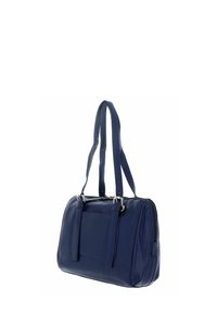 Sac à main en cuir bleu marine avec deux poignées, fermeture éclair et une poche à l'avant. Texture lisse et finitions en métal argenté.