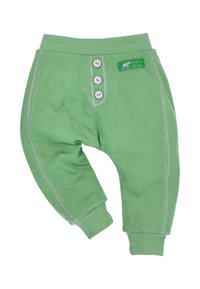 Zielone bawełniane spodnie z ribbowym pasem, trzema guzikami i kontrastowym przeszyciem. Posiadają metkę z logo słonia na przodzie.