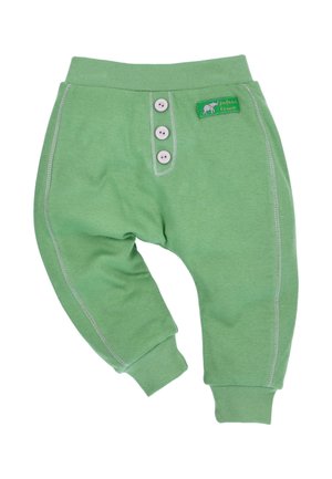 Groene katoenen broek met een geribbelde tailleband, drie knoopdetails en contrasterende stiksels. Voorzien van een olifantenlabel aan de voorkant.
