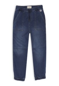 Pantaloni jogger in denim blu scuro con vita a coulisse, due tasche anteriori, maniche elastiche e dettagli di cucitura in evidenza.