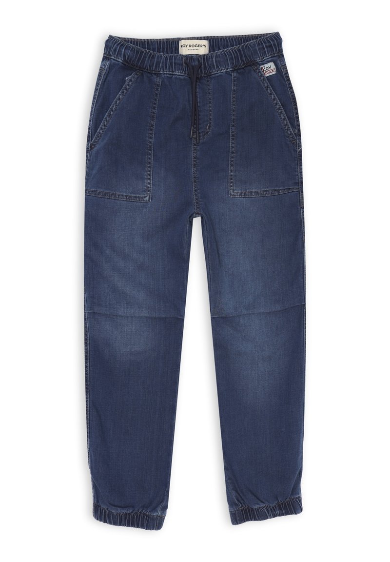 Pantaloni jogger in denim blu scuro con vita a coulisse, due tasche anteriori, maniche elastiche e dettagli di cucitura in evidenza.