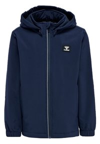 Mørkeblå zip-up jakke med hætte, der har elastiske manchetter, glat materiale og et logo patch på brystet. Enkel, funktionel design.