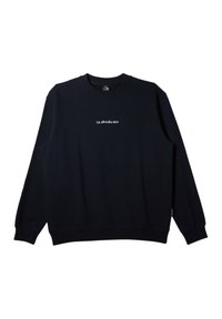 Čierne svetrovo z bavlneného zmesi, s okrúhlym výstrihom, rebrovanými manžetami a lemom, obsahuje biely logotyp "Quiksilver" na hrudi.