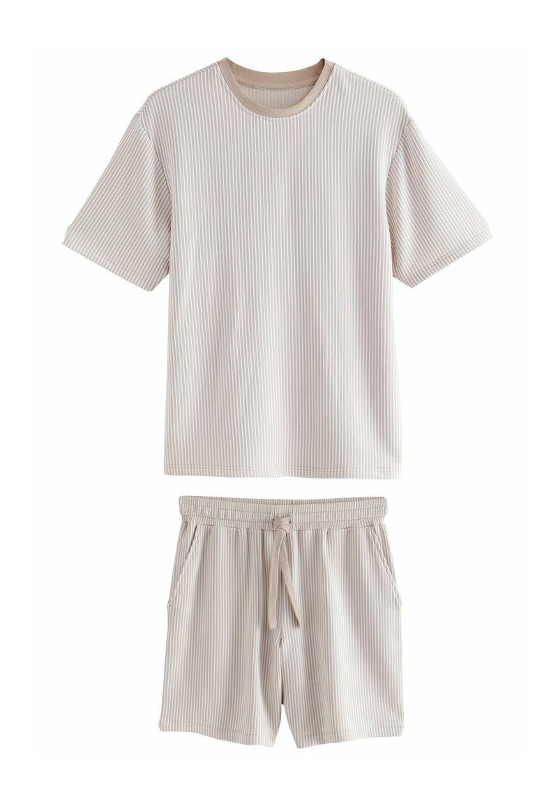 Light beige short-sleeve t-shirt and shorts set with vertical stripes, made of soft fabric, featuring an elastic waistband and side pockets.