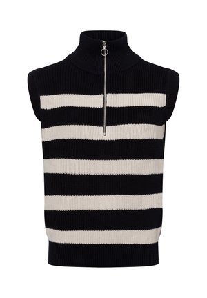 Schwarzes und cremefarbenes, gestreiftes, ärmelloses Stricktop mit hohem Kragen und einem Reißverschluss vorne. Verfügt über eine gerippte Textur und eine taillierte Silhouette.