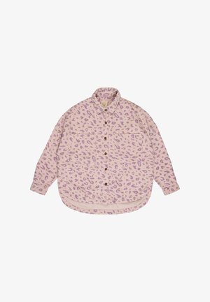 Chemise en velours côtelé violet clair avec un motif léopard, devant boutonné, deux poches poitrine et une base arrondie.