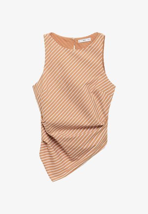 ferskenfarvet tanktop med hvide striber, med rund halsudskæring og draperet design. Lukning med knap bagpå og en enkelt sidelomme.