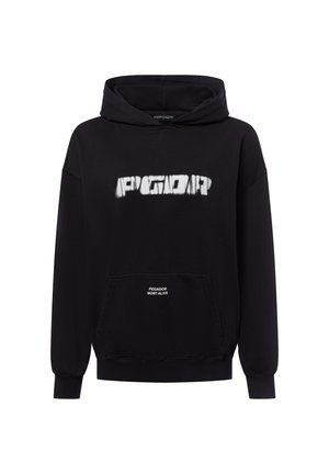 Schwarzer Kapuzenpullover aus weichem Stoff. Verfügt über eine vordere Kängurutasche und bedruckten Text in Weiß auf der Brust. Rippenbündchen.
