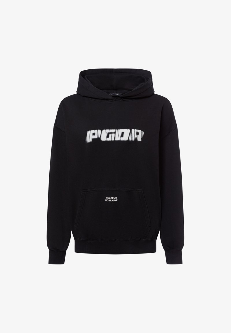 Fekete kapucnis pulóver, puha anyagból készült. Elöl kenguru zsebbe és fehér nyomtatott szöveg található a mellkason. Bordázott mandzsettákkal.