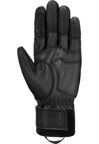 Schwarzer Lederhandschuh mit strukturierten Oberflächen, verstärkten Nähten und gepolsterten Abschnitten. Mit verstellbarem Riemen und gummiertem Handflächenbereich für besseren Grip.