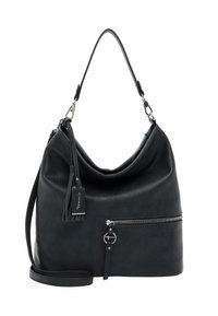 Borsa hobo in pelle nera con una forma morbida, tasca anteriore con zip, dettaglio con nappine e tracolla regolabile.