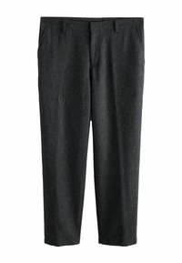 Dark gray wool trousers with a straight leg design, featuring front pockets and a smooth texture. Suitable for formal or casual wear.