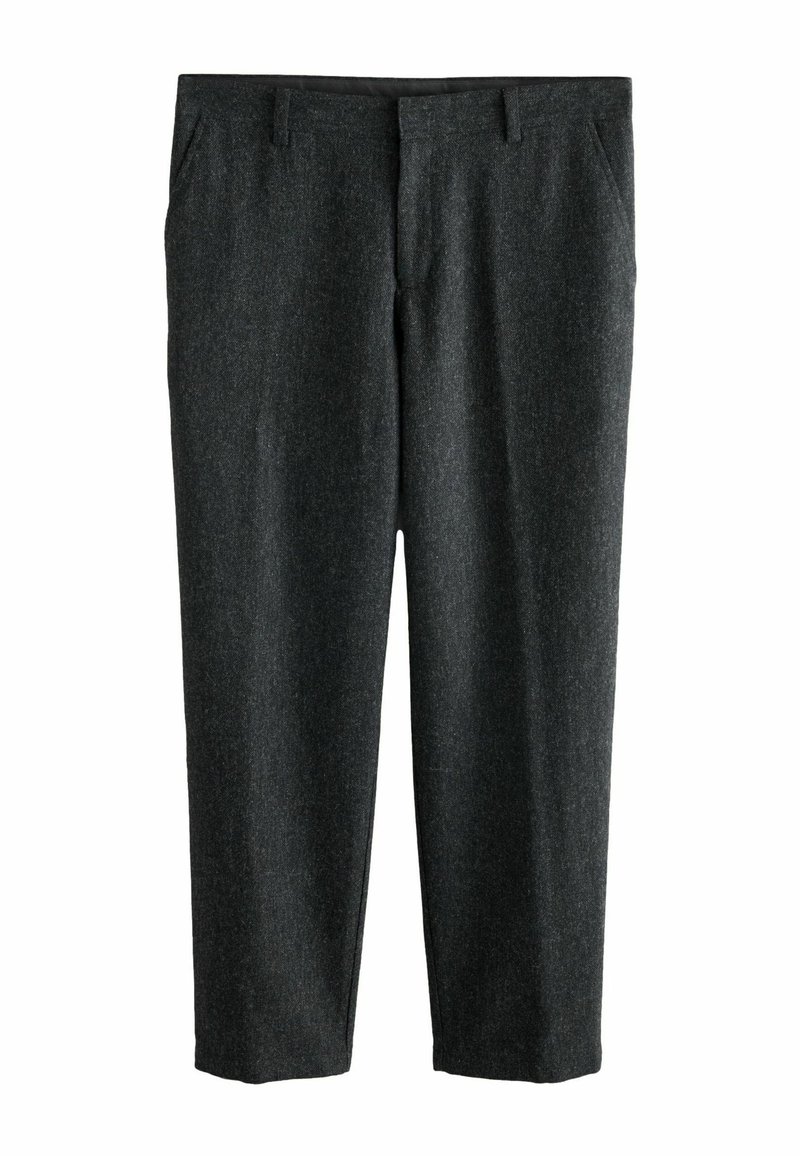 Dark gray wool trousers with a straight leg design, featuring front pockets and a smooth texture. Suitable for formal or casual wear.