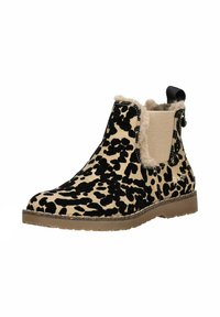 Stivaletto alla caviglia con stampa leopardata, realizzato in suede nero e beige, con pannelli laterali elastici, fodera morbida e suola in gomma. Dotato di una linguetta per agevolare la calzata.