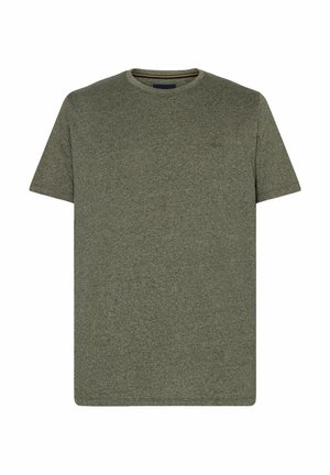 Olivroheline ümmarguse kaelusega t-särk, mis on valmistatud tekstuuriga kangast. Omab lühikesi varrukaid ja rinna taskut. Lihtne disain, ilma nähtavate mustriteta.