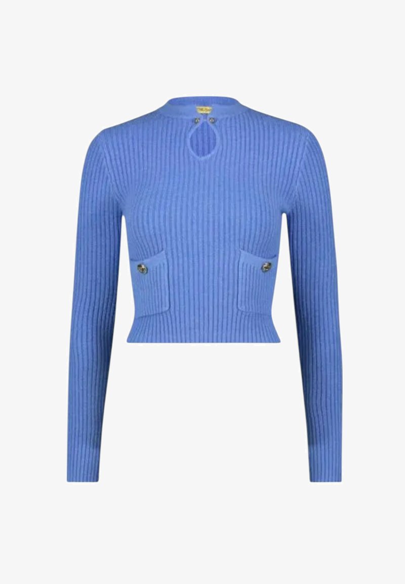 Top corto a coste di colore azzurro cielo con maniche lunghe, scollatura rotonda con un apertura a forma di chiave e due tasche frontali con bottoni.