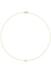 Collier en or avec une seule perle blanche ronde au centre, présentant un design épuré et une fermeture à mousqueton sécurisée.