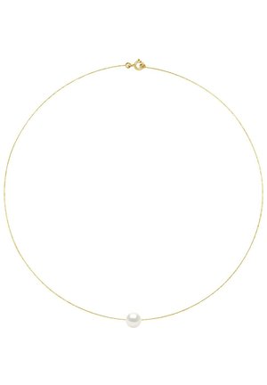 Collier en or avec une seule perle blanche ronde au centre, présentant un design épuré et une fermeture à mousqueton sécurisée.