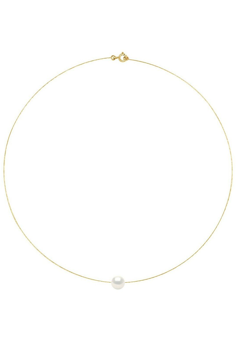 Collier en or avec une seule perle blanche ronde au centre, présentant un design épuré et une fermeture à mousqueton sécurisée.