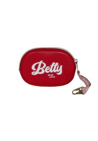 Neceser cosmético oval rojo con textura suave, que presenta el texto blanco "Betty" y "Boop Love", cierre de cremallera y una correa rosa con herrajes.