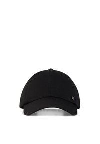 Black baseball cap with a smooth, textured fabric, curved brim, and a small round metal accent on the front panel.