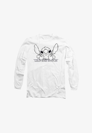 White long-sleeve t-shirt featuring a black line drawing of a character with large ears, hands near its face, and the text "LILO AND STITCH" below.