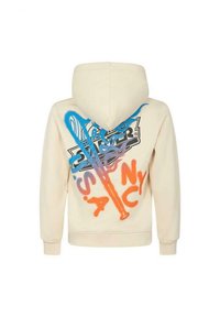 Felpa beige con un logo bianco e nero e testi e design colorati in stile graffiti blu e arancione sul retro.