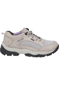 Jasnoszare buty trekkingowe z cholewką z zamszu i siateczki, sznurowana konstrukcja, wyściółka kołnierza oraz trwała czarna gumowa podeszwa. Zawiera szczegóły logo.