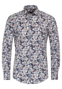 Långärmad skjorta med marinblå bakgrund och blommönster i rosa, vitt och grönt. Knapplist och standard manchettrörelse.