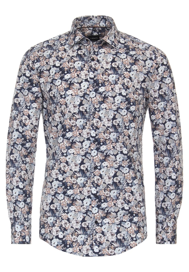 Långärmad skjorta med marinblå bakgrund och blommönster i rosa, vitt och grönt. Knapplist och standard manchettrörelse.