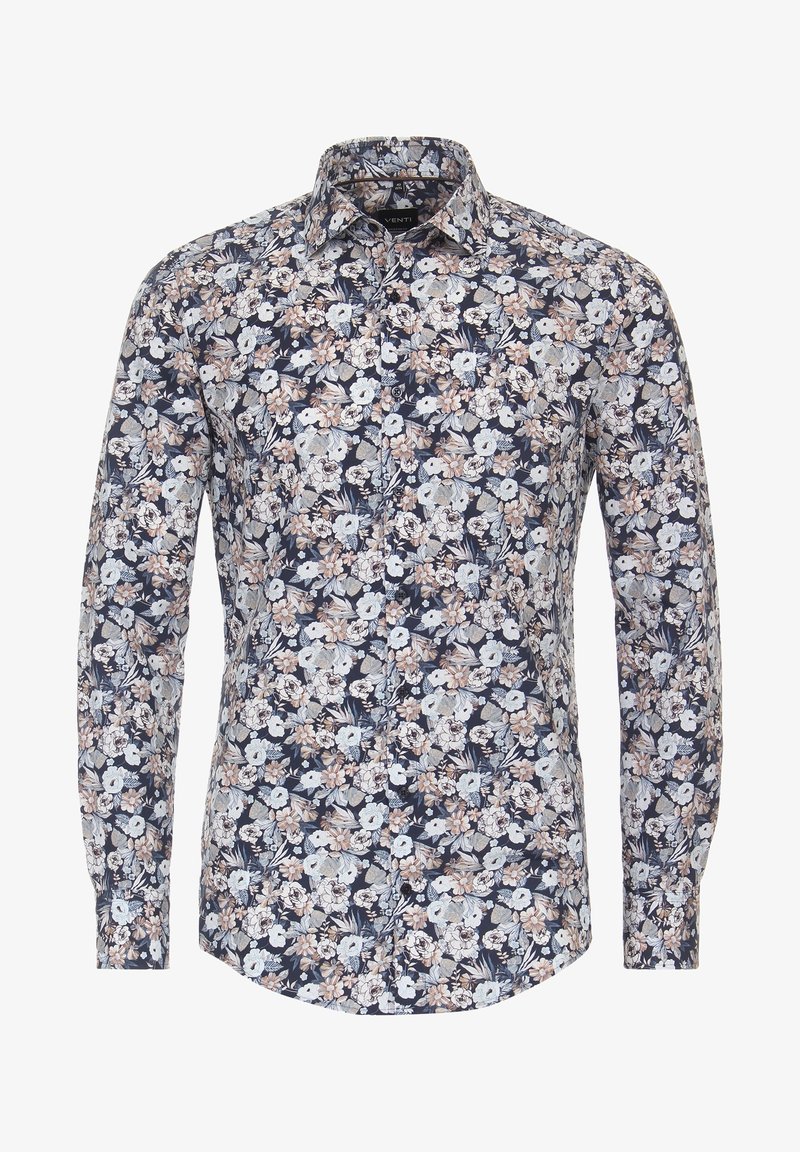 Långärmad skjorta med marinblå bakgrund och blommönster i rosa, vitt och grönt. Knapplist och standard manchettrörelse.