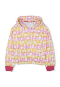 Sweatshirt à capuche présentant de grandes lettres entrelacées en rose, jaune et blanc. Poignets et taille côtelés avec une poche frontale. Matériau doux.