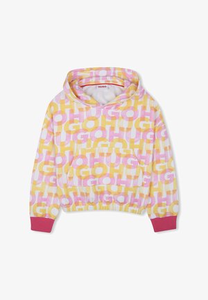 Sweatshirt à capuche présentant de grandes lettres entrelacées en rose, jaune et blanc. Poignets et taille côtelés avec une poche frontale. Matériau doux.