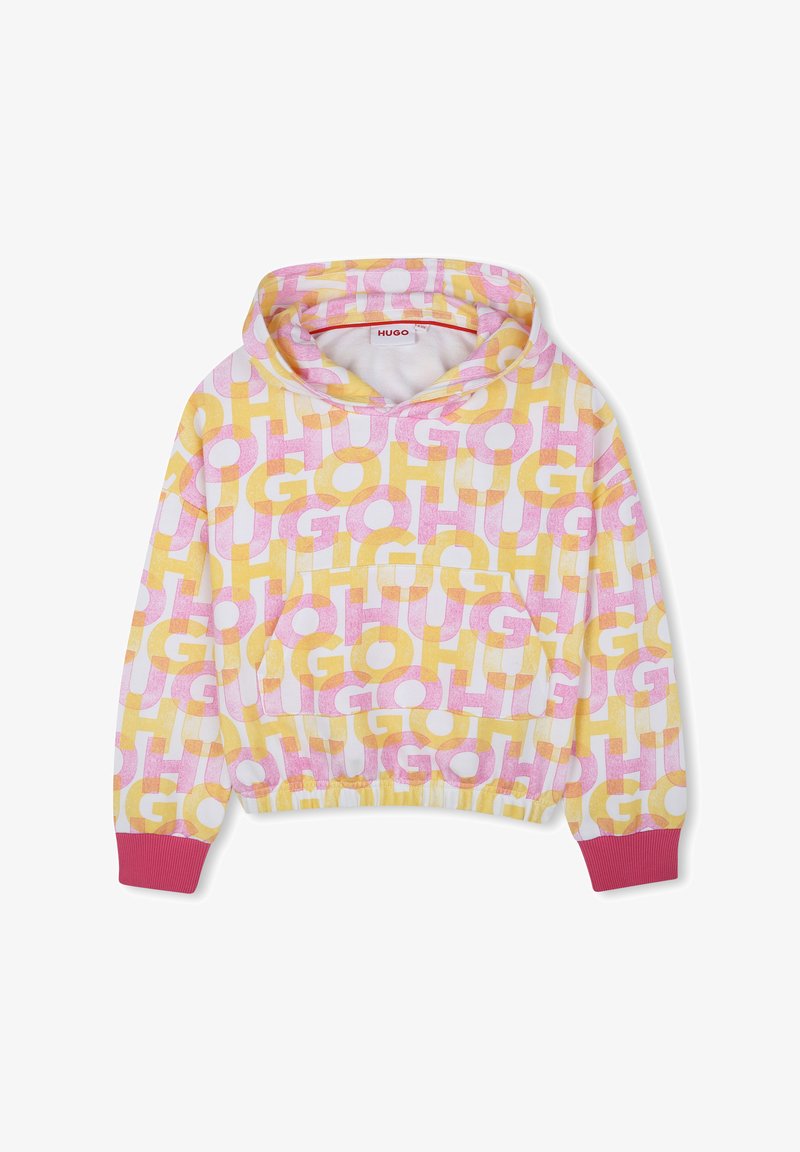 Sweatshirt à capuche présentant de grandes lettres entrelacées en rose, jaune et blanc. Poignets et taille côtelés avec une poche frontale. Matériau doux.