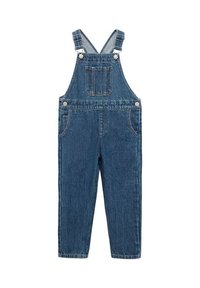 Jeans kombinezoni v temno modri barvi z nastavljivimi naramnicami, sprednjim žepom, stranskima žepoma in ravnim krojem nogavic. Opremljeni so z kovinskimi gumbi.
