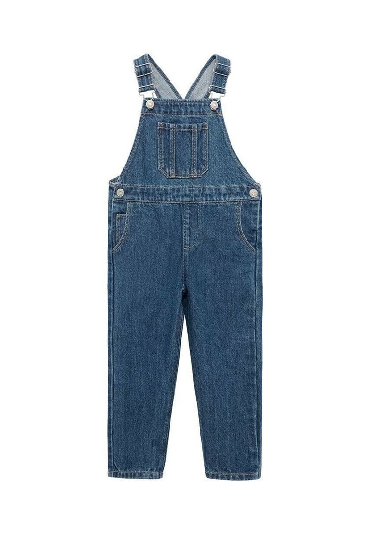Jeans kombinezoni v temno modri barvi z nastavljivimi naramnicami, sprednjim žepom, stranskima žepoma in ravnim krojem nogavic. Opremljeni so z kovinskimi gumbi.