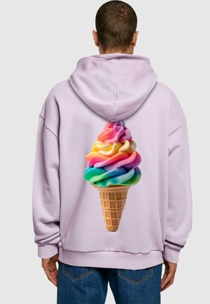 Lilac hooded sweatshirt with a large, colorful ice cream cone graphic on the back, featuring swirls of pink, yellow, blue, and green.