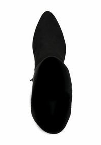 Black suede ankle boot with a pointed toe, smooth texture, and a side zipper detail, featuring a high heel design.